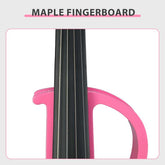 Close-up of a pink guitar with a black maple fingerboard on a light gray background.