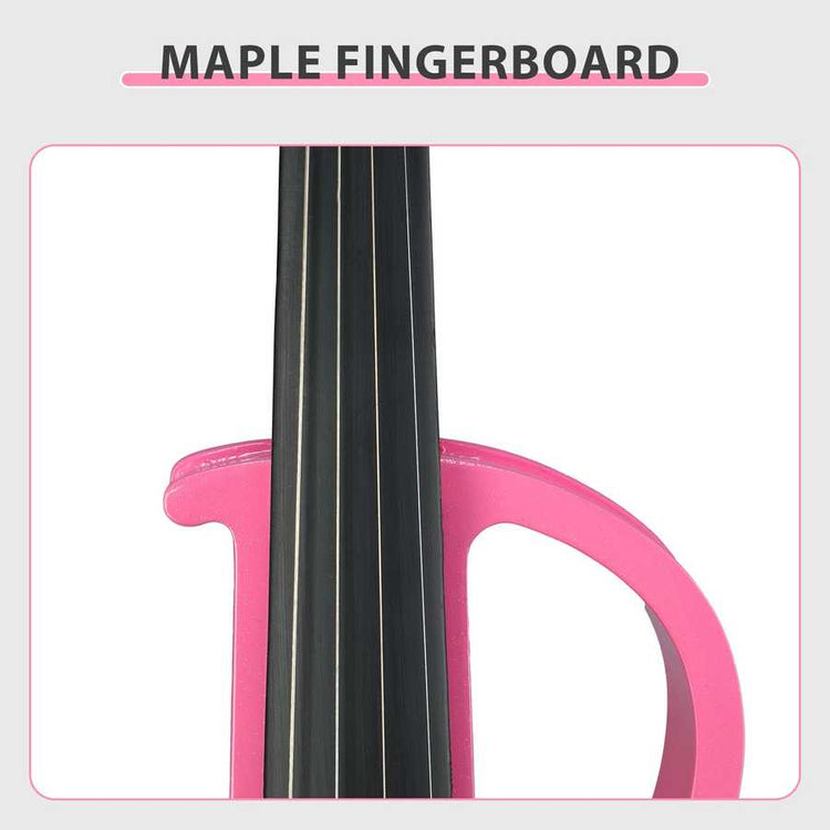 Close-up of a pink guitar with a black maple fingerboard on a light gray background.