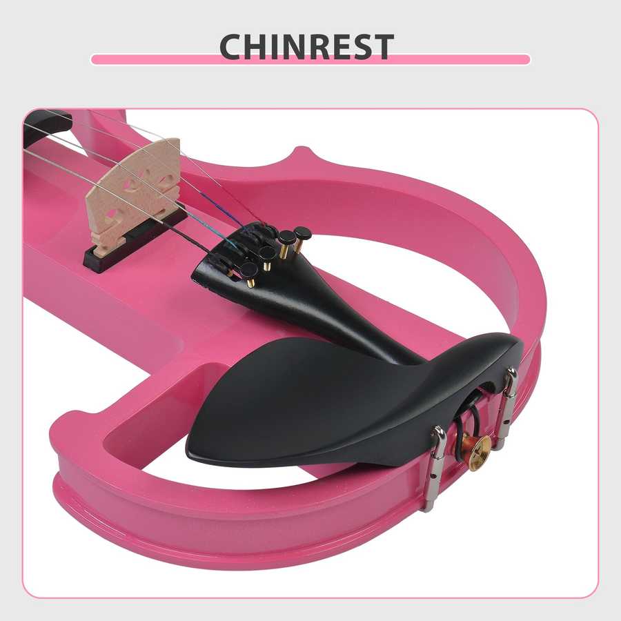 Pink violin with black chinrest on a white background