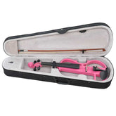 Pink electronic violin in an open case with a bow on a white background