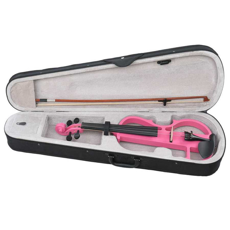 Pink electronic violin in an open case with a bow on a white background