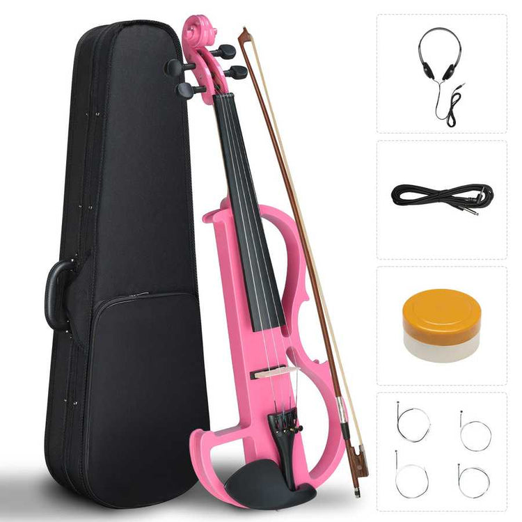 Pink electric violin with black case, bow, and accessories on a white background
