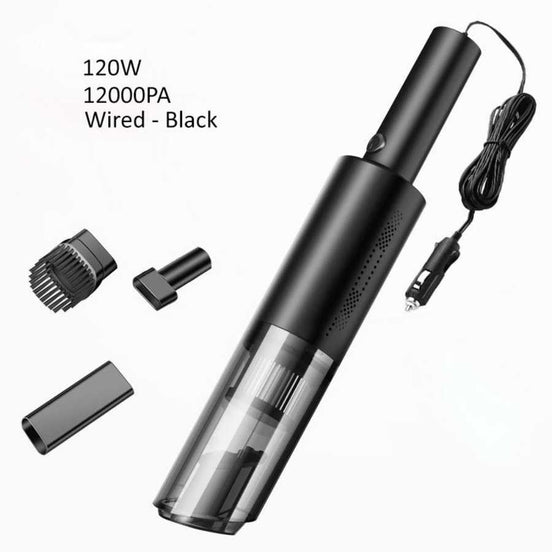 Car Vacuum Cleaner - 120W Rechargeable in black with 12000PA suction, shown with multiple nozzle attachments and car charger plug.