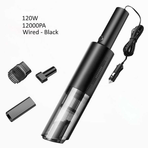 Car Vacuum Cleaner - 120W Rechargeable in black with 12000PA suction, shown with multiple nozzle attachments and car charger plug.