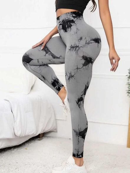 Gray scrunch leggings for women with black tie-dye pattern, featuring high waist and tummy control for gym and yoga sessions.