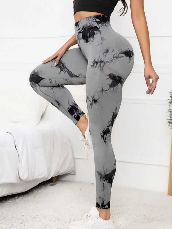 Gray scrunch leggings for women with black tie-dye pattern, featuring high waist and tummy control for gym and yoga sessions.