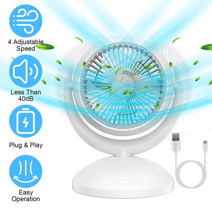 Close-up of fan with blue icons showing adjustable speed, low noise, and plug & play