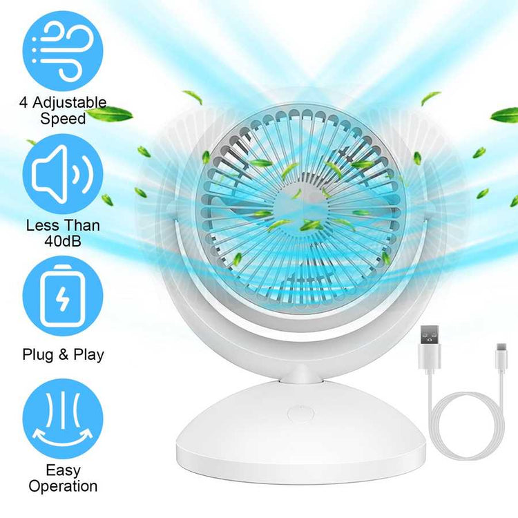 Close-up of fan with blue icons showing adjustable speed, low noise, and plug & play