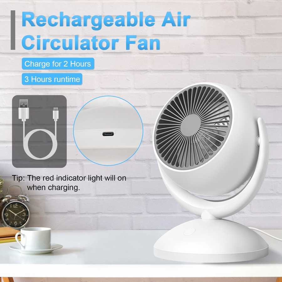 Rechargeable Air Circulator Desk Fan on white brick wall with blue text