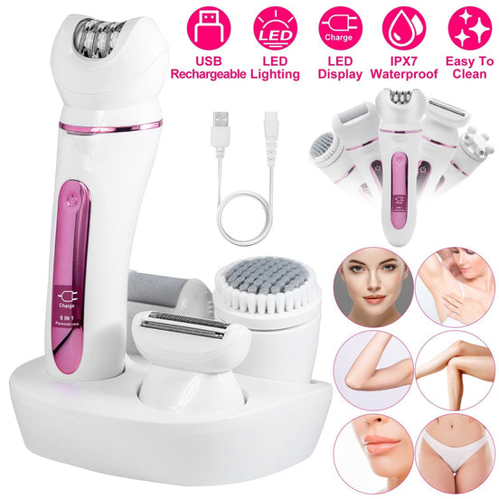 5 In 1 Electric Body Epilator Rechargeable Women's Grooming Kit Epilator Shaver Facial Brush Callus Remover 5-Point Massager with LED Light LED Display Charging Base Default Title