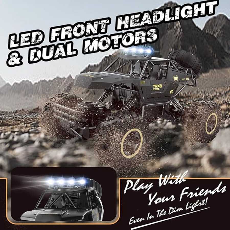 Toy truck with LED front headlights and dual motors in a desert setting