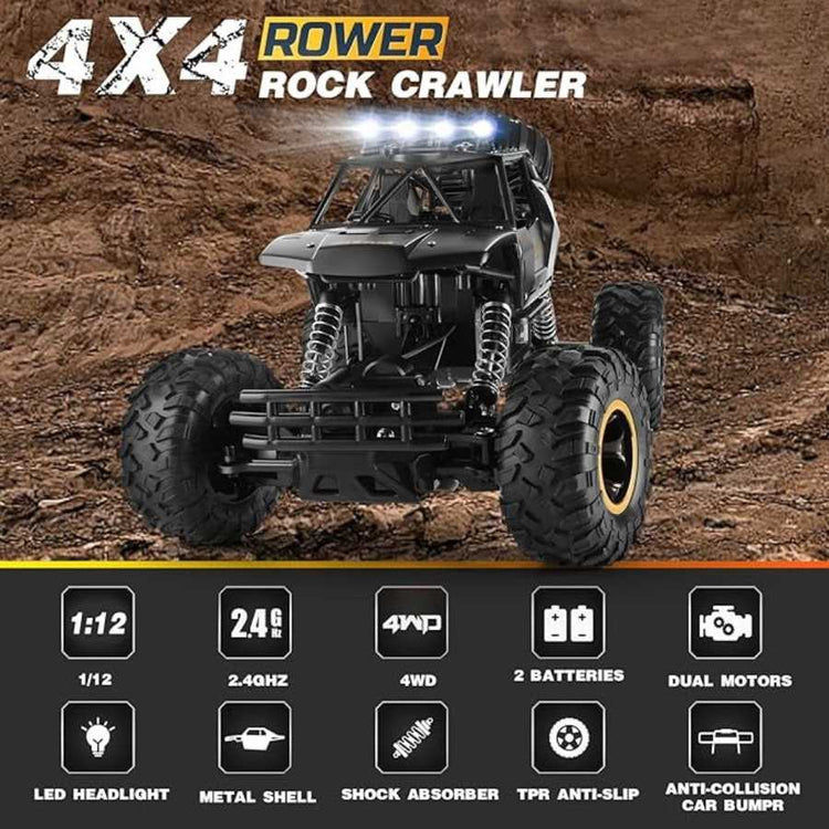 3 Batteries 1:12 Rock Crawler Rechargeable Off Road Truck 4WD , Metal Shell LED Headlights RC Remote Control Off Road Car Truck