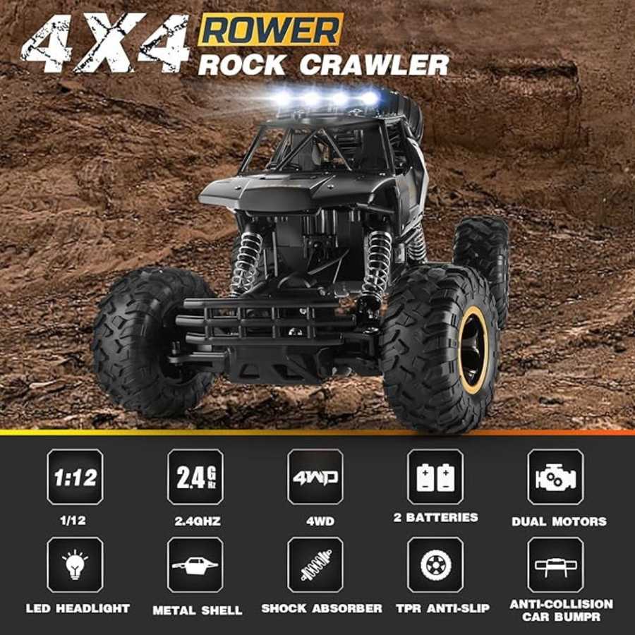 2026 3 Batteries 1:12 Rock Crawler Remote Control Cars & Trucks 4WD , Metal Shell LED Headlights RC Remote Control Off Road Car Truck