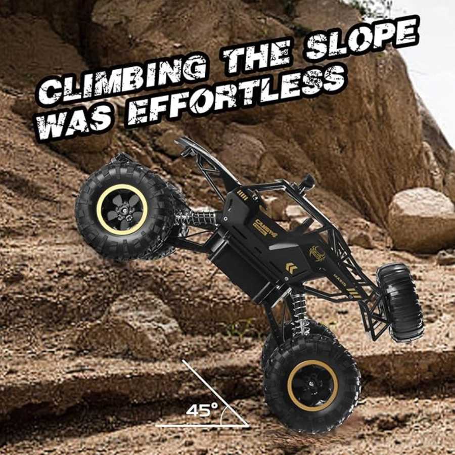 Toy off-road vehicle climbing a rocky slope with text &