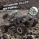Toy truck with titanium alloy material text and close-up inset on a rocky terrain