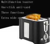 2 slice toaster with extra wide slots and multifunction features including defrost, reheat, and cancel buttons for quick and even toasting.