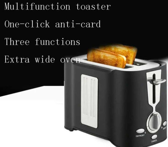 2 slice toaster with extra wide slots and multifunction features including defrost, reheat, and cancel buttons for quick and even toasting.