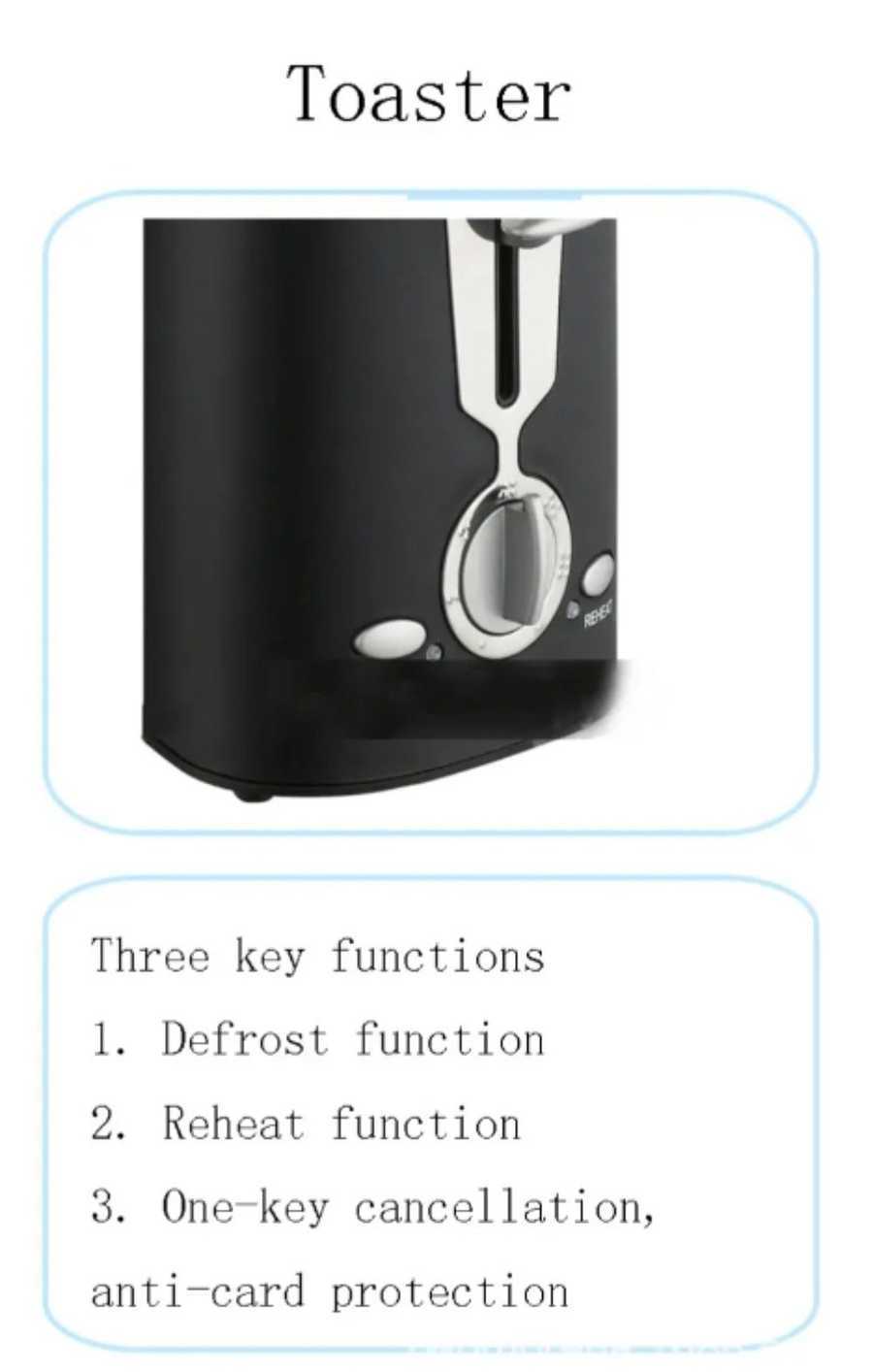 Black 2 slice toaster with three key functions: defrost, reheat, and one-click cancel for safe and efficient toasting every time.