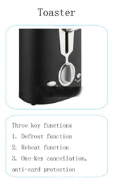 Black 2 slice toaster with three key functions: defrost, reheat, and one-click cancel for safe and efficient toasting every time.