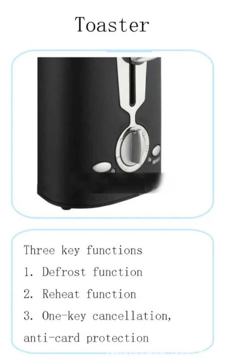 Black 2 slice toaster with three key functions: defrost, reheat, and one-click cancel for safe and efficient toasting every time.