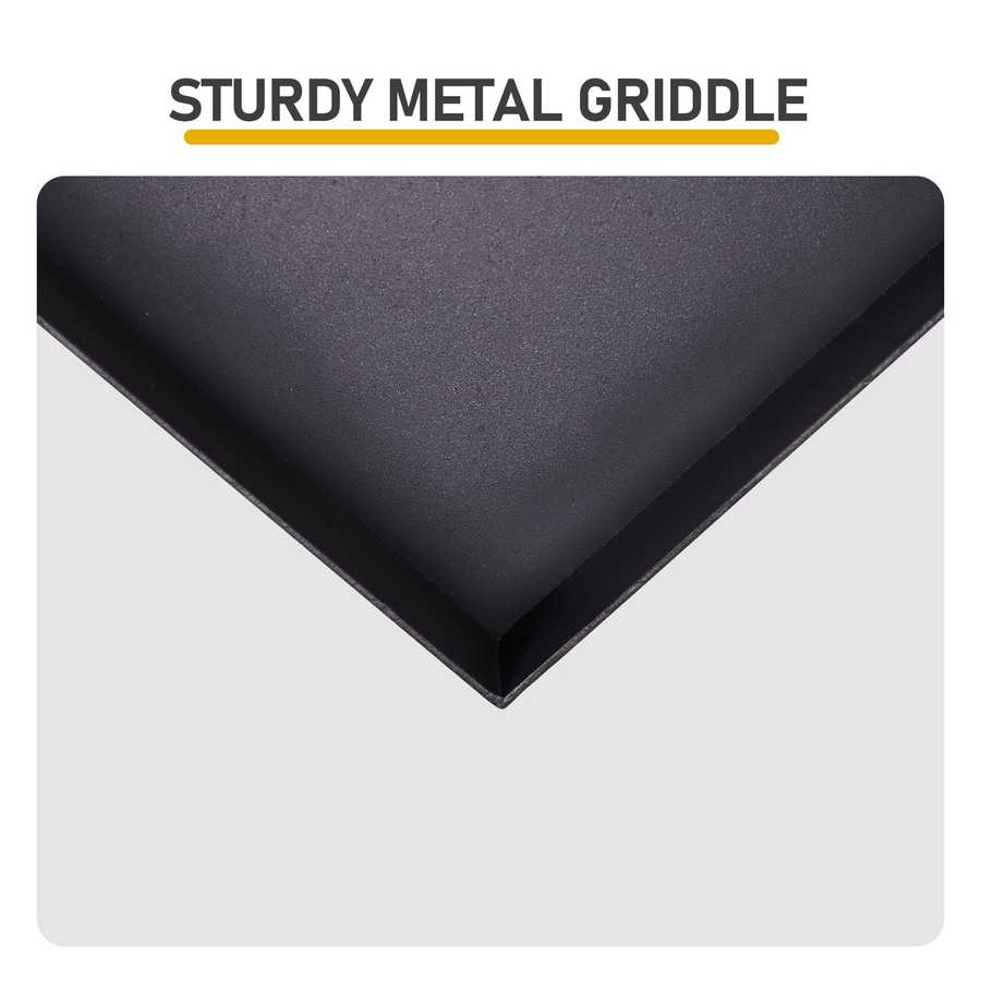Sturdy metal griddle on a white background with text overlay