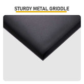 Sturdy metal griddle on a white background with text overlay