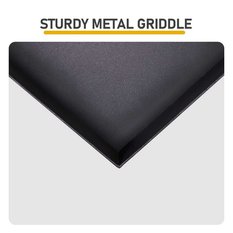 Sturdy metal griddle on a white background with text overlay