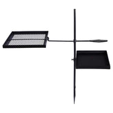 Black metal grill with two cooking surfaces on a white background