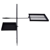 Black metal grill with two square cooking grids on a white background