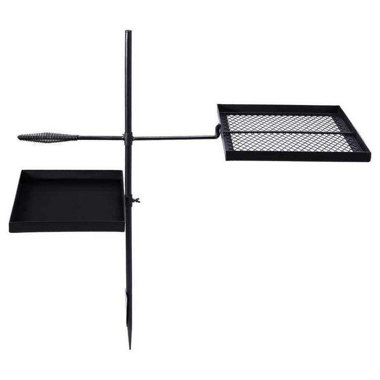 Black metal grill with two square cooking grids on a white background