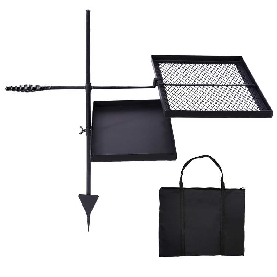 Black metal grill with mesh top, flat surface, and carrying bag on a white background