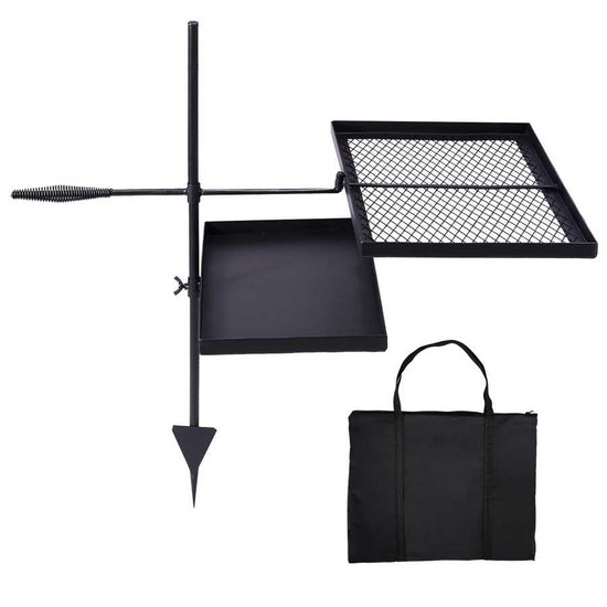 Black metal grill with mesh top, flat surface, and carrying bag on a white background