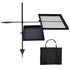 Black metal grill with mesh top, flat surface, and carrying bag on a white background