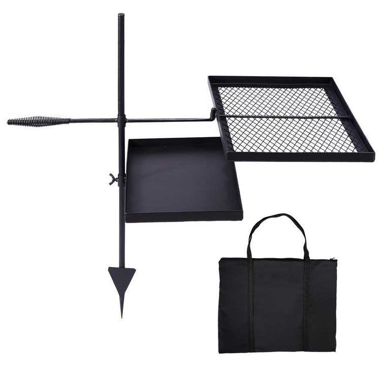 Black metal grill with mesh top, flat surface, and carrying bag on a white background