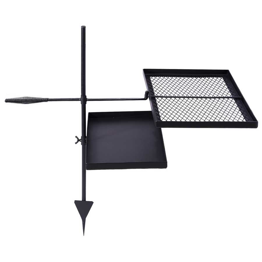 Black metal grill with square cooking grate and rectangular firebox on a white background