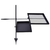 Black metal grill with square cooking grate and rectangular firebox on a white background
