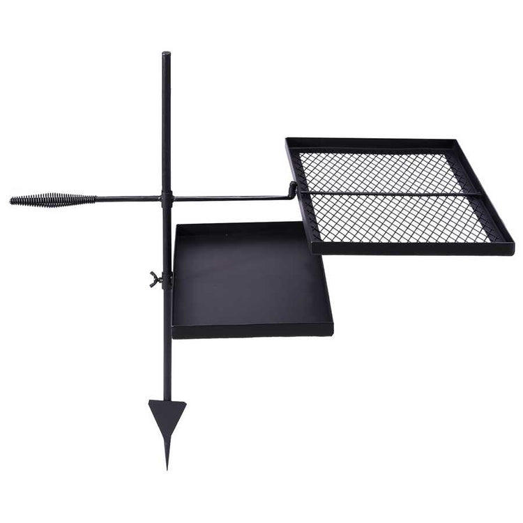 Black metal grill with square cooking grate and rectangular firebox on a white background