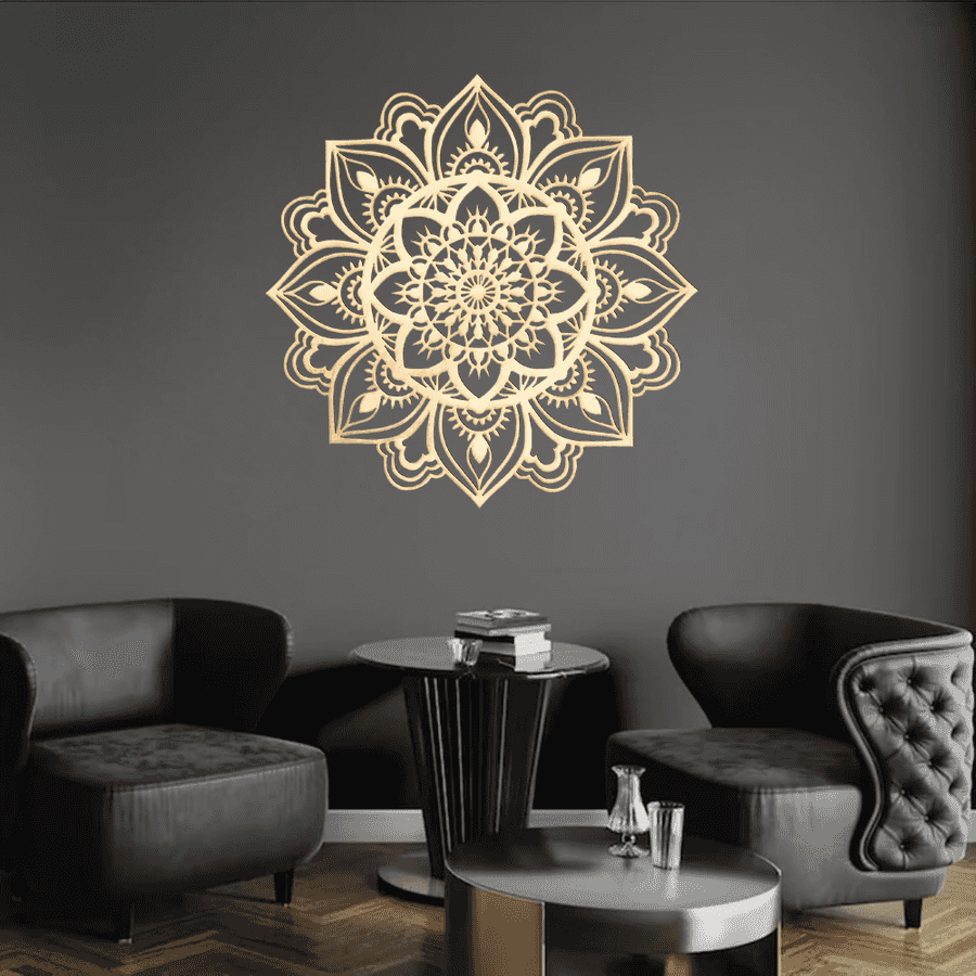 Decorative mandala wall sticker on a dark gray wall with black furniture.