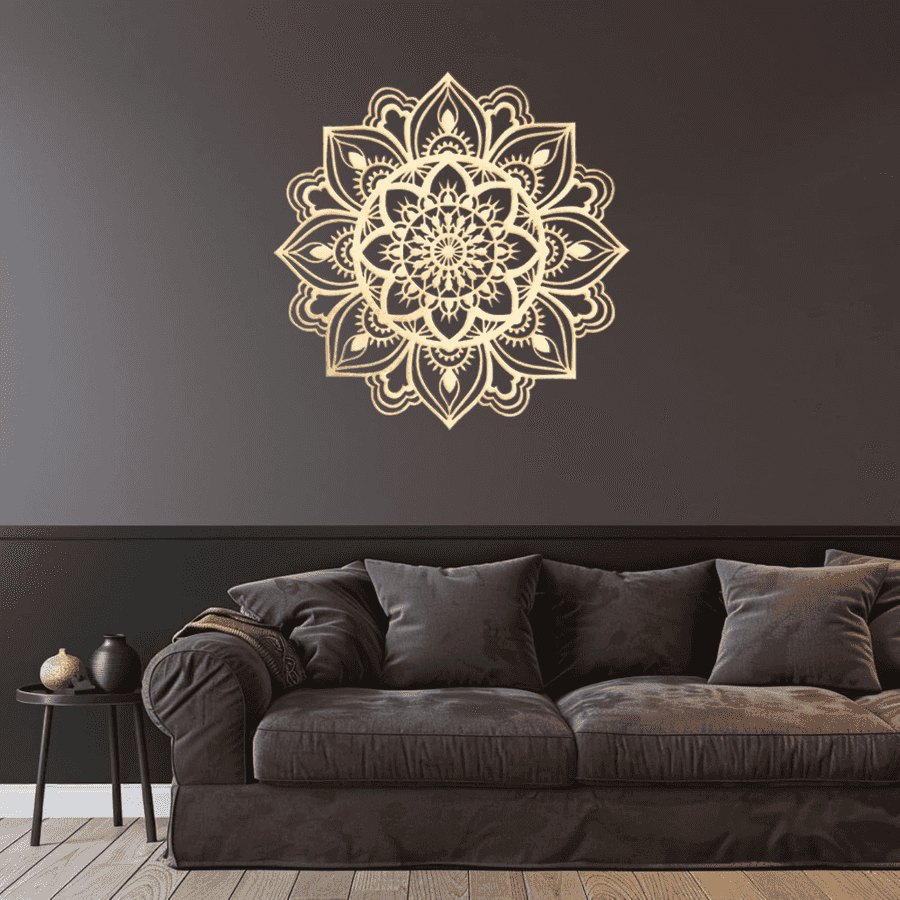 Decorative mandala wall sticker on a dark wall above a brown sofa.