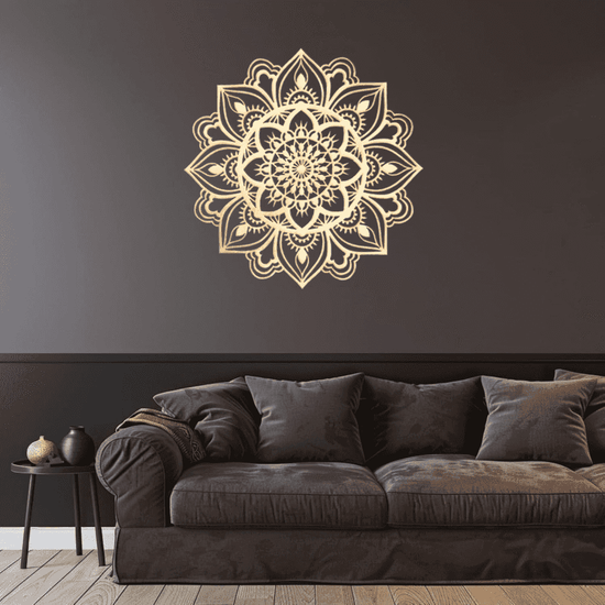 Decorative mandala wall sticker on a dark wall above a brown sofa.
