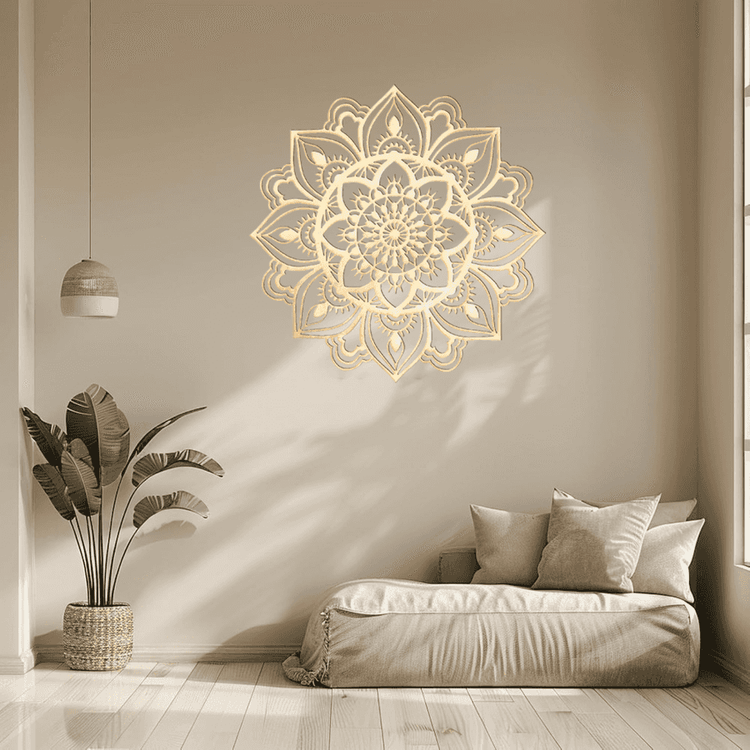 Wooden Moroccan-inspired wall art in cozy space