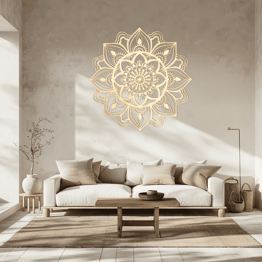 Intricate metal wall art in modern living space