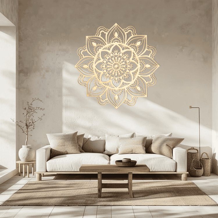 Intricate metal wall art in modern living space