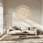 Living room with a decorative mandala wall art piece.