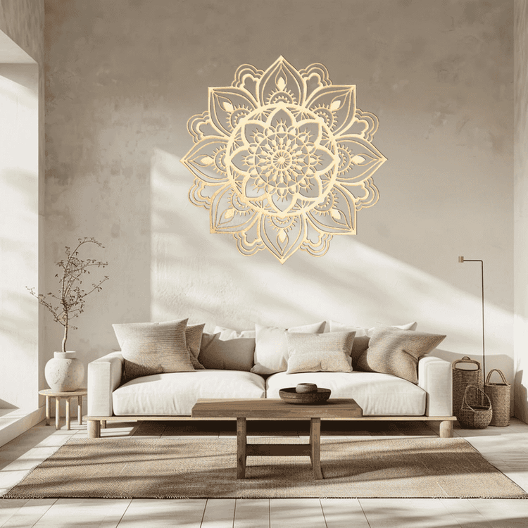 Living room with a decorative mandala wall art piece.