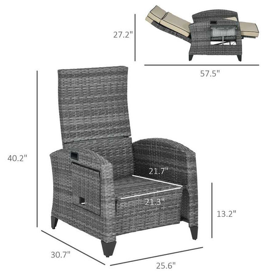 Gray wicker recliner chair with dimensions on a white background