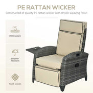 Wicker chair with beige cushions on a white background, featuring text about PE rattan wicker construction.