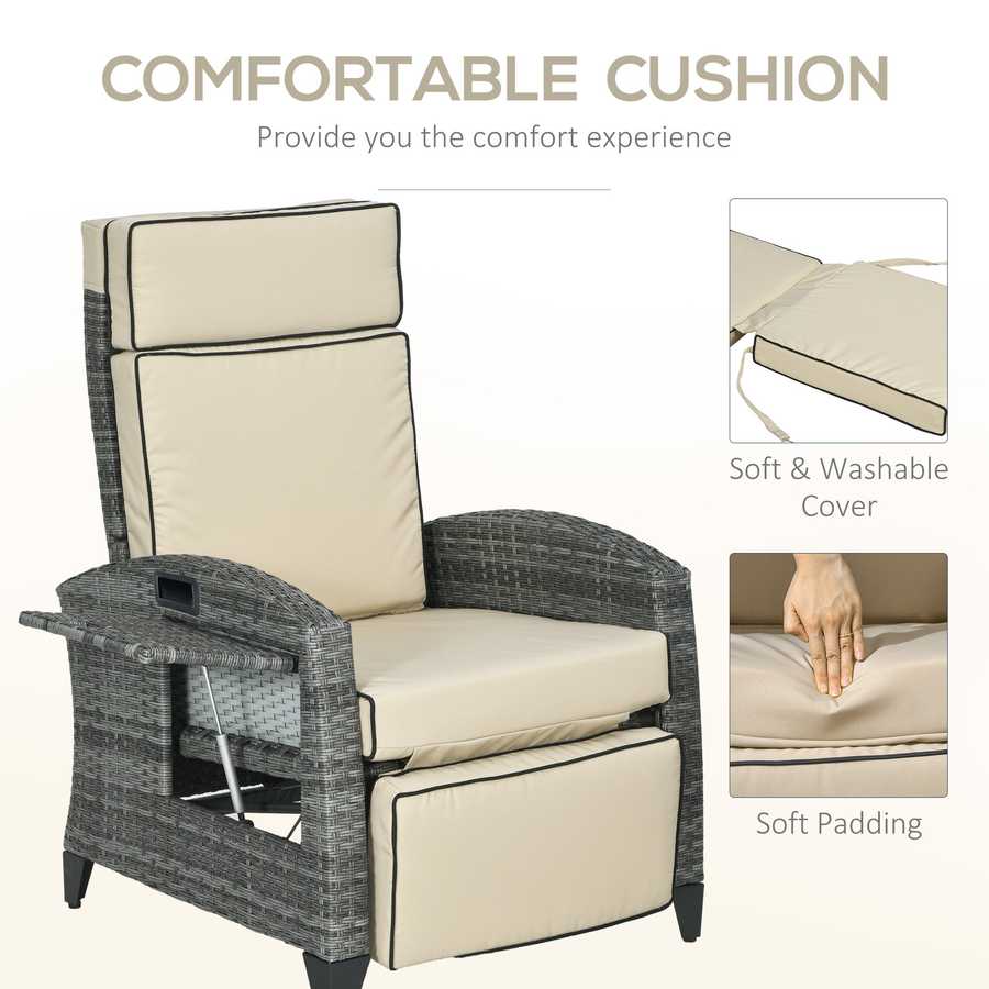 Recliner chair with beige cushions and text highlighting comfort features on a white background.
