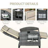 Outdoor chair with cushions and product details on a white background