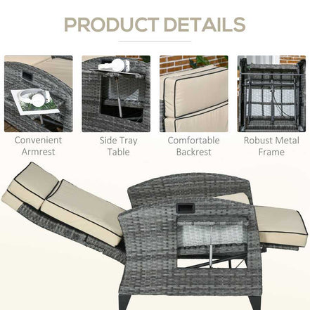 Outdoor chair with cushions and product details on a white background